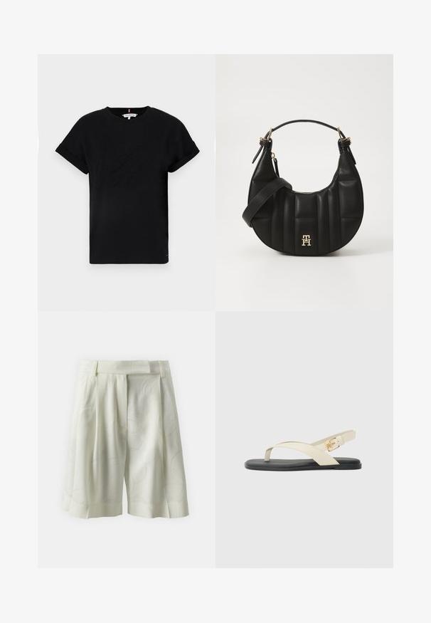 T-shirt preta de algodão com mangas curtas dobradas, apresentando um logotipo em relevo no centro e um pequeno detalhe de bandeira na lateral.; Calções pregueados em tecido marfim claro com um padrão abstrato subtil. Apresentam uma cintura plana e um corte descontraído, ideais para o clima quente.; Sandálias planas com sola preta. A parte superior apresenta tiras cruzadas em bege, com um detalhe de fivela dourada na tira do tornozelo. Textura suave.; Bolsa de mão em couro preto com forma curva, textura acolchoada e detalhes em dourado. Apresenta uma alça de ombro destacável e logótipo.