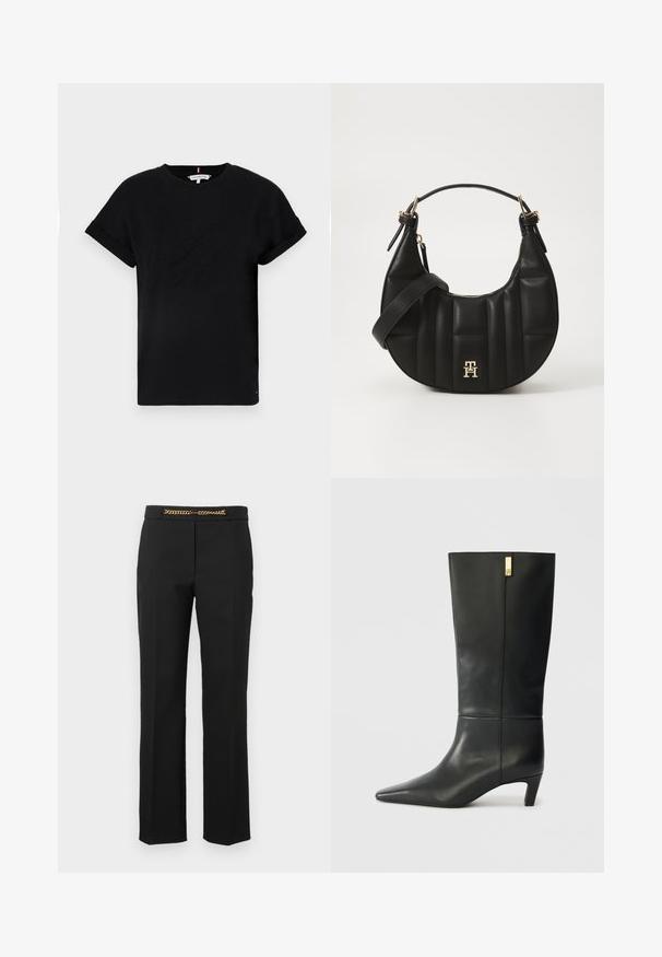 Svart bomull T-skjorte med rullet kort erm, med et preget logo i midten og en liten flaggdetalj på siden.; Svart bukser med rette ben, med en gyllen kjedeakcent i livet. Laget av glatt stoff med tilpasset passform.; Sorte lærknæhøje støvler med spids tå og en lille hæl. Har et strømlinet design med en gylden accentdetalje. Glat tekstur.; Svart skinnhåndveske med en buet form, kviltet tekstur og gullhardware. Har en avtagbar skulderrem og logo-detaljer.