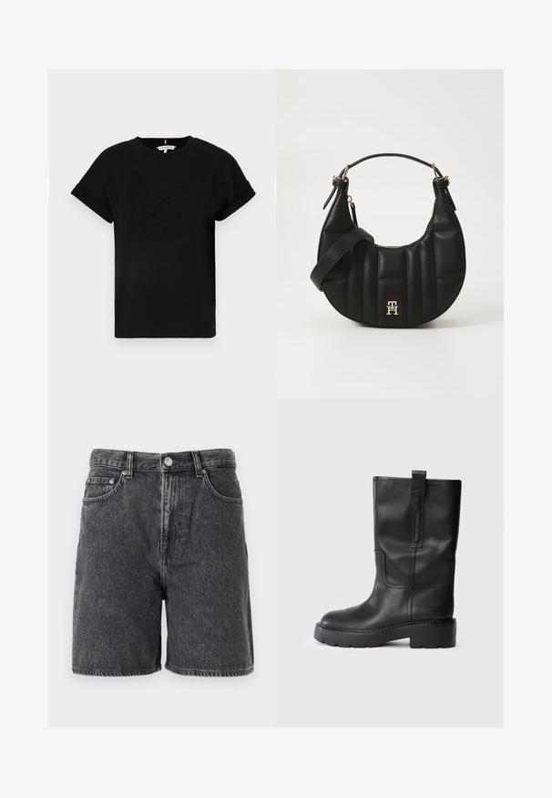 Černé bavlněné tričko s krátkými ohrnutými rukávy, se vzorovým logem uprostřed a malým akcentem vlajky na boku.; Černé oprané deninové šortky s poutky na opasek, předním knoflíkem, zipovým zapínáním a klasickým pětipocket designem.; Černé kožené vysoké boty až ke kolenům s elegantním designem, které mají silnou podrážku a postranní poutko pro snadné obutí. Výrazné švy.; Černá kožená kabelka s zakřiveným tvarem, prošívanou texturou a zlatými detaily. Obsahuje odnímatelný ramenní popruh a detail s logem.