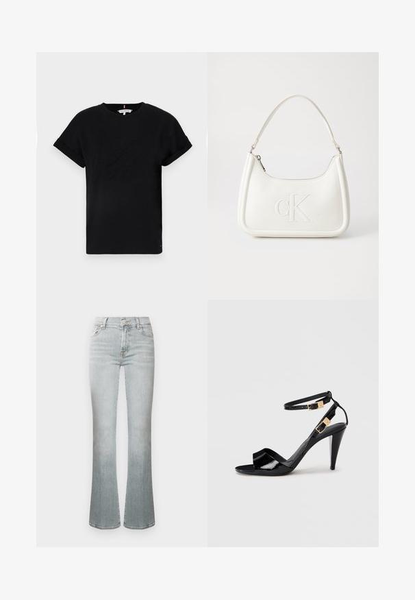 Črna bombažna majica s kratkimi rokavi, ki je zavita, z reljefnim logotipom na sredini in majhnim naglasnim zastavnim motivom na strani.; Svetlo modre razširjene kavbojke z visokim pasom, izdelane iz jeansa. Imajo zapenjanje na gumb, pet žepov in nežno bledenje za teksturo.; Črne lakirane sandale na visoki peti z dvema gležnjastima trakoma in zlatimi zaponkami, odprti prsti in ozko koničasto peto na nevtralni podlagi.; Bela usnjena torbica s ukrivljeno obliko, ki na sprednji strani nosi vžgano logo "CK" in ima eno naramnico. Zadrga za zapiranje na vrhu.