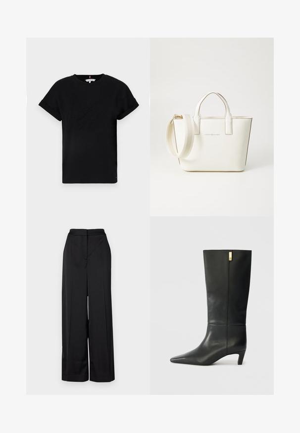 Svart bomull T-skjorte med rullet kort erm, med et preget logo i midten og en liten flaggdetalj på siden.; Svarte vide bukser laget av glatt stoff, med høy midje og ren, plisserte front med et minimalistisk design.; Sorte lærknæhøje støvler med spids tå og en lille hæl. Har et strømlinet design med en gylden accentdetalje. Glat tekstur.; Hvit imitert lær håndveske med korte håndtak, justerbar skulderstropp og gyllen maskinvare; har et subtilt logo på framsiden.