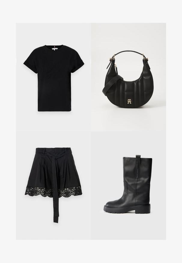 Black cotton t-shirt with rolled short sleeves, featuring an embossed logo in the center and a small flag accent on the side.; Black skirt with a textured lace hem featuring scalloped edges and pompom details. The design includes a tied waist accent.; Black leather knee-high boots with a sleek design, featuring a thick sole and a side pull tab for easy wear. Notable stitching accents.; Black leather handbag with a curved shape, quilted texture, and gold hardware. Features a detachable shoulder strap and logo detail.