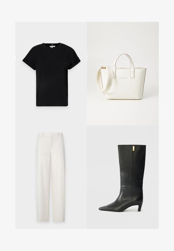 Black cotton t-shirt with rolled short sleeves, featuring an embossed logo in the center and a small flag accent on the side.; Light beige trousers made of a smooth fabric, featuring a straight cut, flat front, belt loops, and side pockets.; Black leather knee-high boot with a pointed toe and a small heel. Features a sleek design with a gold accent detail. Smooth texture.; White faux leather handbag with short handles, adjustable shoulder strap, and gold-toned hardware; features a subtle logo on the front.