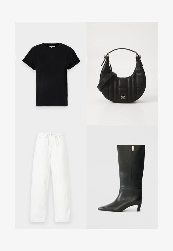 Mustmust särk, millel on rullitud lühikesed varrukad, keskosas on embosseeritud logo ja küljel väike lipu aktsent.; Valged, laiad denimpüksid, millel on paelaga vöökoht ja kaks esist taskut, sujuva tekstuuri ja puhta disainiga.; Mustmustest mustakõrgune musta nahast saabas terava ninaga ja väikese kontsaga. Omab sujuvat disaini kuldse aksendi detailiga. Sile tekstuur.; Must või empaankäe disainiga must nahkrahakott, millel on tepitud tekstuur ja kullatud detailid. Omab eemaldatavat õlapaela ja logo detaili.