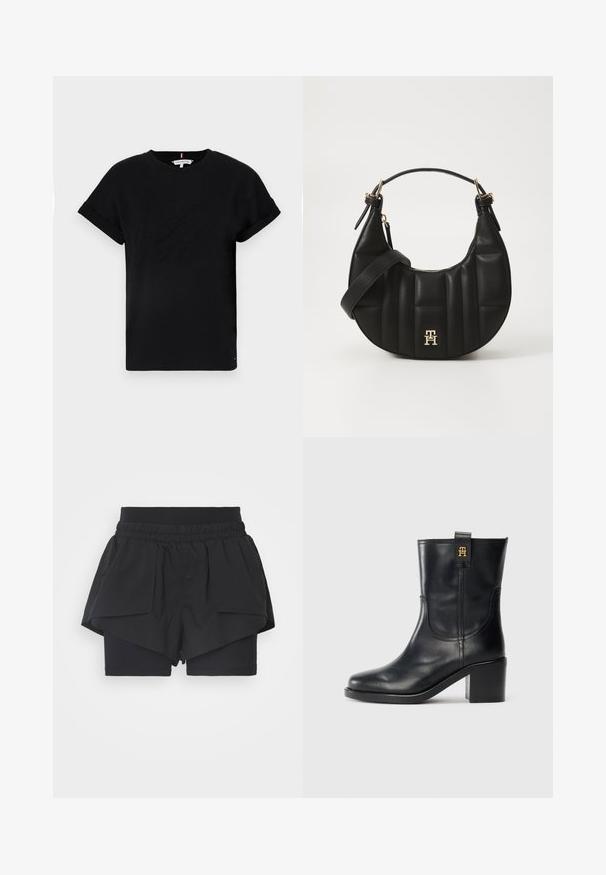 Svart bomull t-shirt med rullade korta ärmar, med en präglad logotyp i mitten och en liten flaggdetalj på sidan.; Svarta sportshorts med elastisk midja, lagerdesign och två sidofickor; de inre shortsen är åtsittande med ett mjukt tyg.; Svart läderstövel som går till mitten av vaden med klack och guld "TH"-logotyp på dragfliken mot vit bakgrund.; Svart läderhandväska med en böjd form, vadderad textur och guldfärgade detaljer. Har en avtagbar axelrem och logotypdetalj.