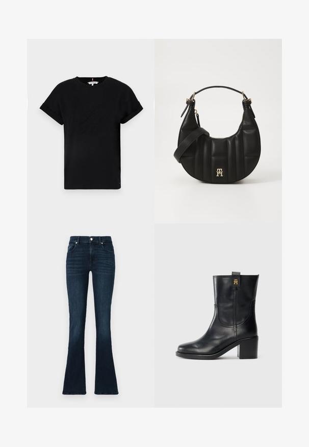 Black cotton t-shirt with rolled short sleeves, featuring an embossed logo in the center and a small flag accent on the side.; Dark blue flared jeans made from denim, featuring a classic five-pocket design, metal button closure, and slight whiskering at the hips.; Black leather mid-calf boot with block heel and gold "TH" logo on pull tab against white background.; Black leather handbag with a curved shape, quilted texture, and gold hardware. Features a detachable shoulder strap and logo detail.