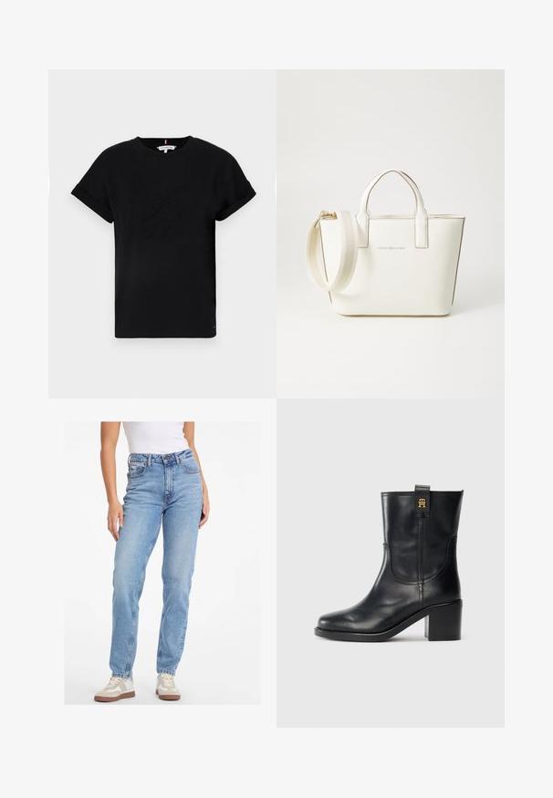 T-shirt preta de algodão com mangas curtas dobradas, apresentando um logotipo em relevo no centro e um pequeno detalhe de bandeira na lateral.; Jeans de cintura alta azul claro feitos de denim, com um design de perna reta, estilo clássico de cinco bolsos e fecho de botão.; Bota de couro preta até à metade da panturrilha com salto bloco e logótipo dourado "TH" na pega, em fundo branco.; Bolsa de mão em imitação de couro branco, com alças curtas, alça de ombro ajustável e acabamentos em tom dourado; apresenta um logo discreto na parte da frente.