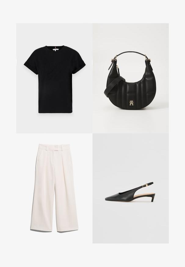 T-shirt en coton noir avec des manches courtes roulées, ornée d'un logo en relief au centre et d'un petit accent drapeau sur le côté.; Pantalons à jambes larges de couleur crème claire, fabriqués en tissu lisse avec deux poches avant et une couture visible sur la taille.; Talons aiguilles en cuir noir à bride arrière, avec un bout pointu, un talon bas et une sangle de cheville réglable dotée d'une boucle dorée. Texture lisse.; Sac à main en cuir noir avec une forme incurvée, texture matelassée et quincaillerie dorée. Dispose d'une bandoulière amovible et d'un détail de logo.