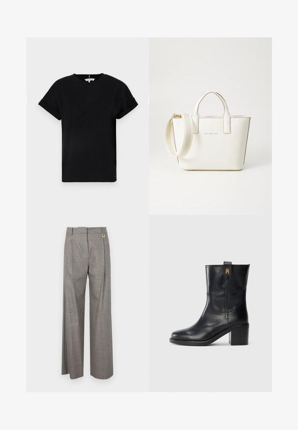 Black cotton t-shirt with rolled short sleeves, featuring an embossed logo in the center and a small flag accent on the side.; Gray plaid wide-leg trousers with a high waist, front pleats, and a gold-tone hardware accent on the waistband. Textured fabric.; Black leather mid-calf boot with block heel and gold "TH" logo on pull tab against white background.; White faux leather handbag with short handles, adjustable shoulder strap, and gold-toned hardware; features a subtle logo on the front.