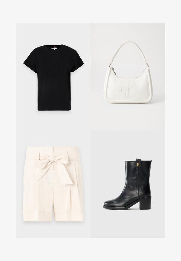 Mustapaita, jossa on lyhyet käärityt hihat, keskellä kohokuvioitu logo ja sivussa pieni lipputunnus.; Beige lyhyet shortsit korkean vyötärön kanssa, solmittavalla vyöllä, poimutettu muotoilu ja käännetyt hihansuut kevyessä kankaassa.; Musta nahkainen nilkkat bootsi, jossa on lohkarekorko ja kultainen "TH"-logo vetonarussa valkoista taustaa vasten.; Valkoinen nahkalaukku, jossa on kaareva muotoilu, etupuolella kohokuvioitu "CK" -logo ja yksi olkahihna. Vetoketjukiinnitys ylhäällä.