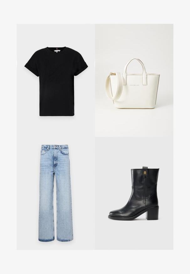 Svart bomull T-skjorte med rullet kort erm, med et preget logo i midten og en liten flaggdetalj på siden.; Lyseblå denimjeans med vid benform, med perforerte detaljer gjennom hele plagget og klassisk fem-lommer stil.; Sorte lærmidikalv støvler med blokkkilt og gull "TH" logo på drahank mot hvit bakgrunn.; Hvit imitert lær håndveske med korte håndtak, justerbar skulderstropp og gyllen maskinvare; har et subtilt logo på framsiden.