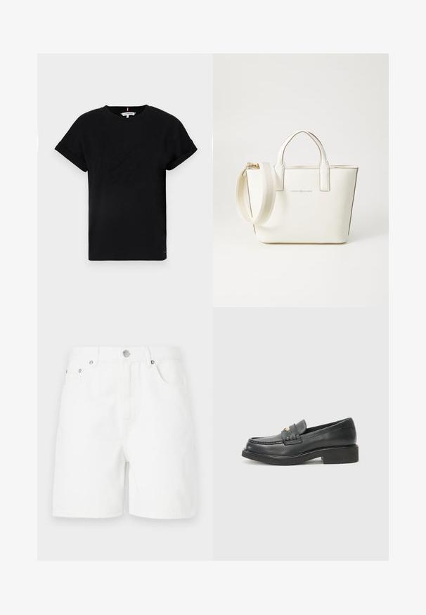 T-shirt en coton noir avec des manches courtes roulées, ornée d'un logo en relief au centre et d'un petit accent drapeau sur le côté.; Shorts en denim blanc à coupe droite, avec poches avant et fermeture à bouton. Le tissu a une texture lisse et sans motifs visibles.; Mocassins en cuir noir avec un accent tissé sur le devant, un détail de logo doré et une semelle épaisse en caoutchouc noir. Texture lisse avec un léger brillant.; Sac à main en simili cuir blanc avec de courtes poignées, une bandoulière réglable et des garnitures en ton or ; arbore un logo subtil à l'avant.