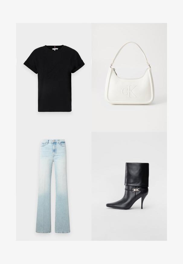 T-shirt preta de algodão com mangas curtas dobradas, apresentando um logotipo em relevo no centro e um pequeno detalhe de bandeira na lateral.; Jeans de ganga azul claro com design de perna evasê, apresentando um efeito ombré gradual e um fecho clássico com botão.; Bota de tornozelo em couro preto com bico fino, alto salto stiletto, punho dobrado e detalhe decorativo em fivela dourada no tornozelo.; Mala de mão branca em pele com uma forma curva, apresentando um logo "CK" em relevo na frente e uma alça de ombro única. Fecho com zíper na parte superior.
