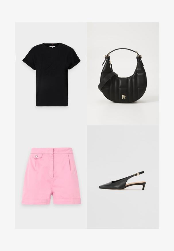 Čierne bavlnené tričko s krátkymi rukávmi, ktoré sú zvinuté, s vyrazeným logom v strede a malým flag akcentom na boku.; Ružové bavlnené šortky s plochým predným dielom, jemnými záhybmi a detailom s jedným gombíkom na páse. Prehnutý lem na nohách.; Čierne kožené sandále na podpätku s špicatou špičkou, nízkym podpätkom a nastaviteľným členkovým remienkom s pozlátenou prackou. Hladký povrch.; Čierna kožená kabelka so zakriveným tvarom, prešitým povrchom a zlatými kovovými doplnkami. Obsahuje odnímateľný ramenný popruh a detail s logom.