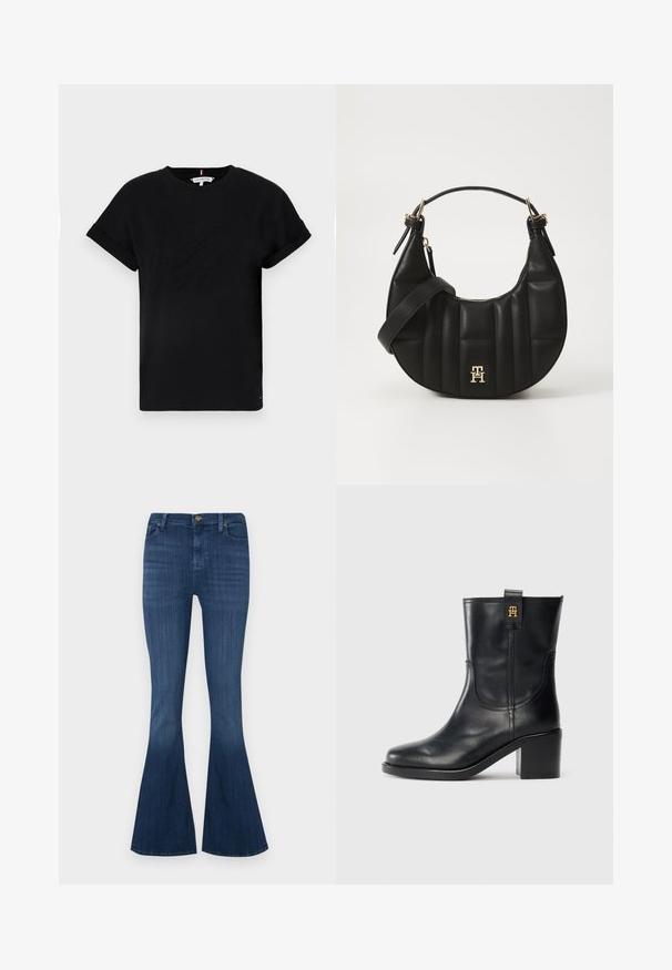 Zwart katoenen t-shirt met opgerolde korte mouwen, voorzien van een reliëflogo in het midden en een kleine vlagaccent aan de zijkant.; Denim flared jeans in een donkere blauwe was, met een getailleerde taille, vijf zakken en een klassieke knoopsluiting. Glad textuur met een lichte stretch.; Zwarte leren laars tot halverwege het kuit met blokhak en gouden "TH" logo op de trekband tegen een witte achtergrond.; Zwarte leren handtas met een gebogen vorm, gevoerd textuur en gouden hardware. Beschikt over een afneembare schouderband en logo-detail.