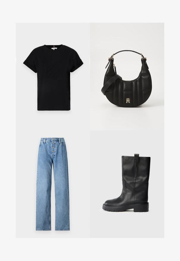 Czarna bawełniana koszulka z krótkimi, podwiniętymi rękawami, z wytłoczonym logo na środku i małym akcentem flagi z boku.; Jasnoniebieskie dżinsy z wysokim stanem, szerokimi nogawkami, pięcioma guzikami i szlufkami na pasek. Materiał ma gładką teksturę z minimalnym wyblaknięciem.; Czarne skórzane botki do kolan o eleganckim designie, z grubą podeszwą i boczną pętelką ułatwiającą zakładanie. Zauważalne akcenty w postaci przeszyć.; Czarna skórzana torebka o zakrzywionym kształcie, pikowanej fakturze i złotych akcentach. Posiada odpinany pasek na ramię oraz detal z logo.