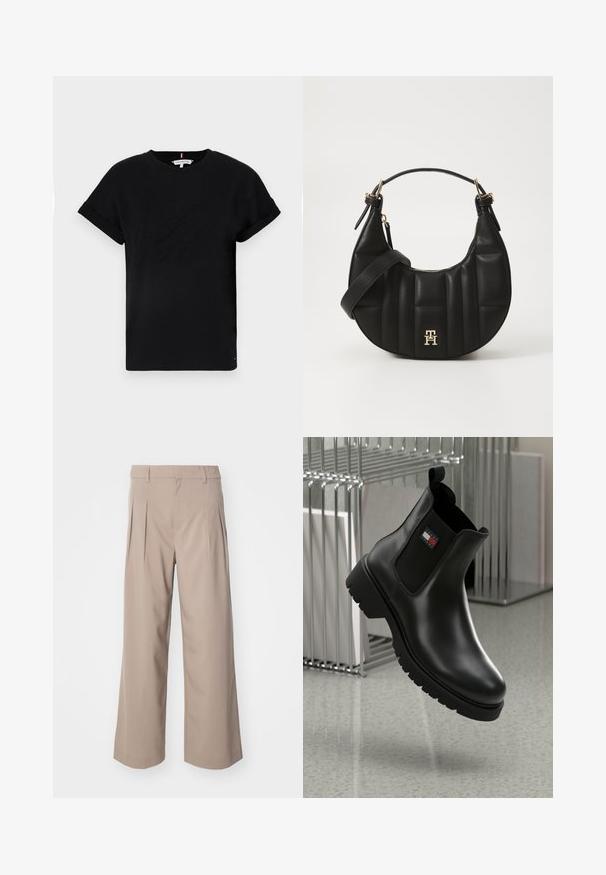 Čierne bavlnené tričko s krátkymi rukávmi, ktoré sú zvinuté, s vyrazeným logom v strede a malým flag akcentom na boku.; Béžové široké nohavice s plisovaním, vyrobené z hladkej tkaniny. Majú stredne vysoký pás a čistý, elegantne strihaný siluetu.; Čierne kožené Chelsea boty s elastickými bočnými panelmi, textúrovanou gumovou podrážkou a malou nášivkou s červenou, bielou a modrou farbou.; Čierna kožená kabelka so zakriveným tvarom, prešitým povrchom a zlatými kovovými doplnkami. Obsahuje odnímateľný ramenný popruh a detail s logom.