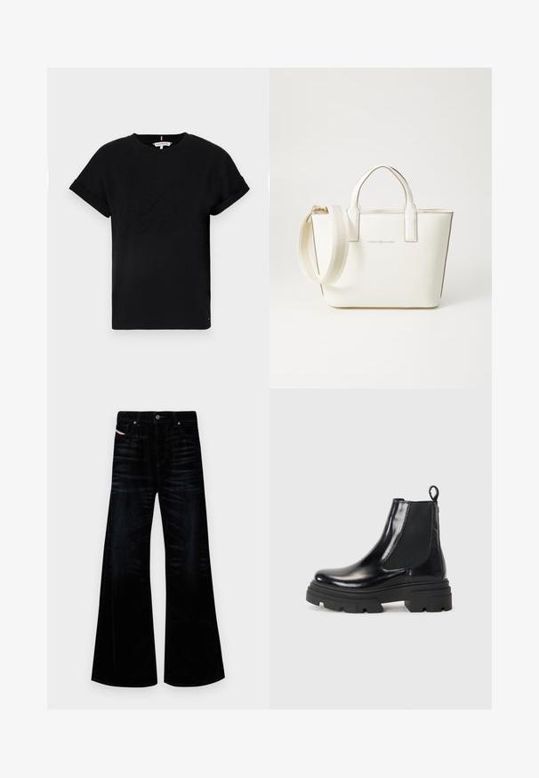 T-shirt preta de algodão com mangas curtas dobradas, apresentando um logotipo em relevo no centro e um pequeno detalhe de bandeira na lateral.; Calças flare pretas em denim escuro, com um design clássico de cinco bolsos, acessórios em metal e variações de textura sutis.; Botas de tornozelo em couro preto com um design elegante, painéis laterais elásticos e uma sola robusta preta. Possui uma alça na parte de trás para facilitar o calçar.; Bolsa de mão em imitação de couro branco, com alças curtas, alça de ombro ajustável e acabamentos em tom dourado; apresenta um logo discreto na parte da frente.