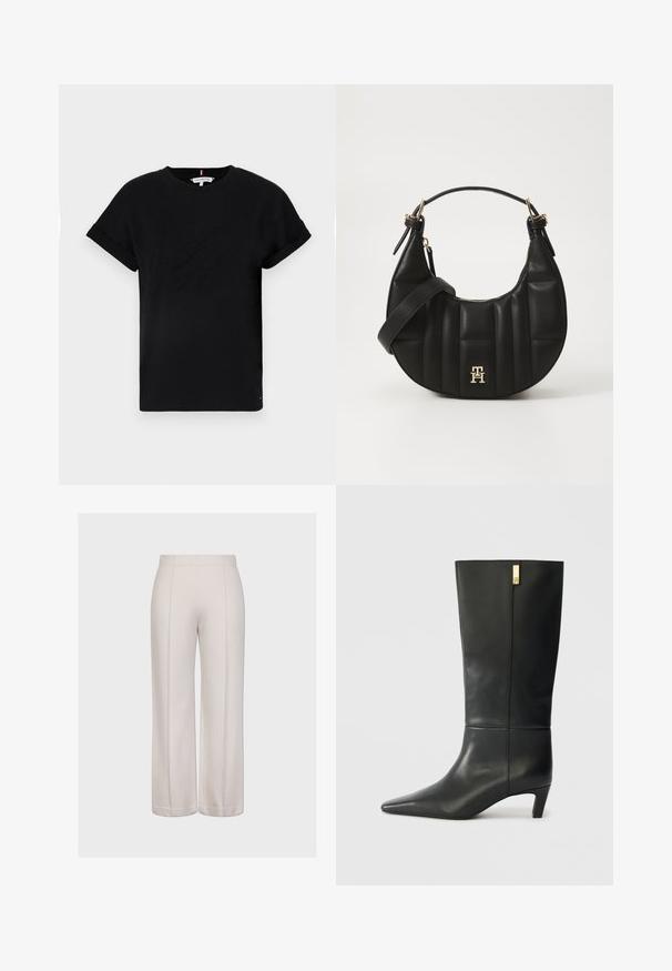 Black cotton t-shirt with rolled short sleeves, featuring an embossed logo in the center and a small flag accent on the side.; Wide-leg trousers in light beige fabric with a smooth texture. Features two vertical seams and a consistent, clean cut at the hem.; Black leather knee-high boot with a pointed toe and a small heel. Features a sleek design with a gold accent detail. Smooth texture.; Black leather handbag with a curved shape, quilted texture, and gold hardware. Features a detachable shoulder strap and logo detail.