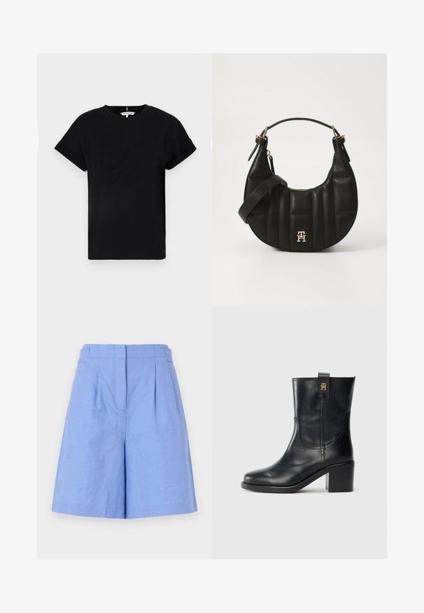 Čierne bavlnené tričko s krátkymi rukávmi, ktoré sú zvinuté, s vyrazeným logom v strede a malým flag akcentom na boku.; Svetlomodré ľanové šortky s vysokým pásom, ktoré majú skladané detaily, bočné vrecká a hladkú textúru, navrhnuté na voľný strih.; Čierne kožené čižmy po lýtka s blokovým podpätkom a zlatým logom "TH" na ťahacej pätke na bielom pozadí.; Čierna kožená kabelka so zakriveným tvarom, prešitým povrchom a zlatými kovovými doplnkami. Obsahuje odnímateľný ramenný popruh a detail s logom.