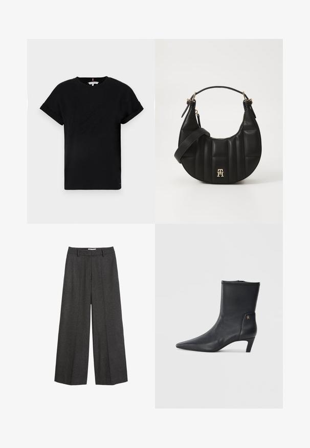 Zwart katoenen t-shirt met opgerolde korte mouwen, voorzien van een reliëflogo in het midden en een kleine vlagaccent aan de zijkant.; Lange broek met wijde pijpen in donkergrijze stof. Heeft een op maat gemaakte tailleband met riemlussen, een gladde textuur en minimale stiksels.; Zwarte leren enkellaarsjes met een spitse neus en een lage hak. Heeft een gladde textuur en een kleine gouden logo-detail aan de zijkant.; Zwarte leren handtas met een gebogen vorm, gevoerd textuur en gouden hardware. Beschikt over een afneembare schouderband en logo-detail.