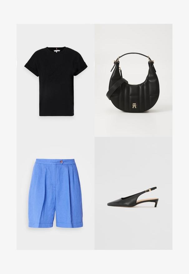 Zwart katoenen t-shirt met opgerolde korte mouwen, voorzien van een reliëflogo in het midden en een kleine vlagaccent aan de zijkant.; Blauwe linnen shorts met plooien, een knoopsluiting en een rechte snit. Heeft een gladde textuur en een zoom die boven de knie valt.; Zwarte leren slingback hak met een eveneens spitse neus, lage hak en een verstelbare enkelband met een goudkleurige gespsluiting. Glad reliëf.; Zwarte leren handtas met een gebogen vorm, gevoerd textuur en gouden hardware. Beschikt over een afneembare schouderband en logo-detail.