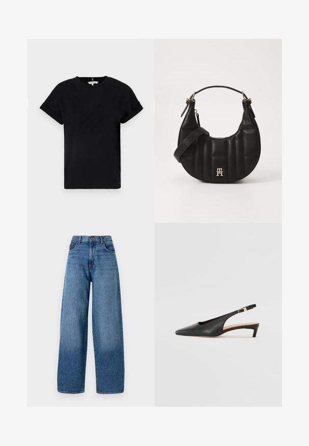 Crna pamučna majica s kratkim zavrnutim rukavima, s reljefnim logotipom u središtu i malim akcentom zastave sa strane.; Široke plave traperice s klasičnim dizajnom od pet džepova. Sadrže zatvaranje na dugme i blago izblijeđenu teksturu.; Crna kožna cipele s potpeticom, s uzdignutim prstima, niskom potpeticom i podesivim remenom oko gležnja koji ima zlatni kopču. Glatka tekstura.; Crna kožna torba s zakrivljenim oblikom, kviltanim uzorkom i zlatnim hardverom. Ima odvojivi remen za rame i detalj s logotipom.