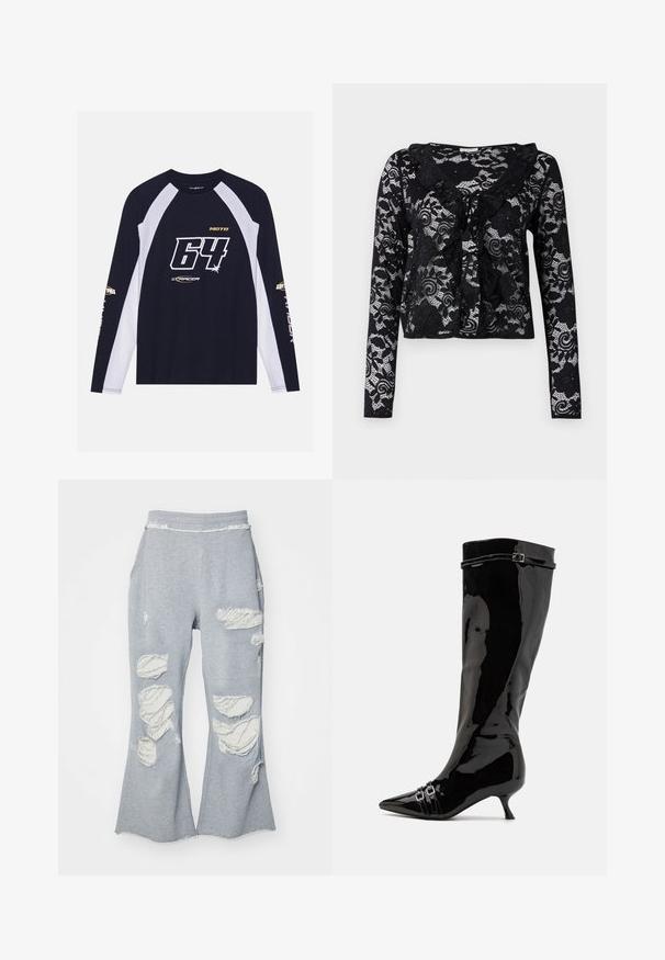 Ilgomis rankovėmis T-palaidinė su tamsiai mėlynu kūnu ir baltais raglano rankovėmis, ryškus „64“ grafikas juodai baltas, auksiniai akcentai ir logotipo detalės.; Juoda nėrinių kardiganas su ilgomis rankovėmis, gėlėti raštai, volangų apykaklė, atvira priekinė dalis ir raištelių detalė kaklo srityje.; Pilki treniruoklių kelnes su išplatėjusia kojos forma, turinčios kelis pažeistus lopus, atskleidžiančius šviesesnį audinį. Elastinga juostos dalis patogumui.; Knee-high juodi lakuoti odiniai batai su smailiu pirštu, mažu kulnu ir dviem sagtimis šalia kulkšnies. Lygus, blizgus paviršius.
