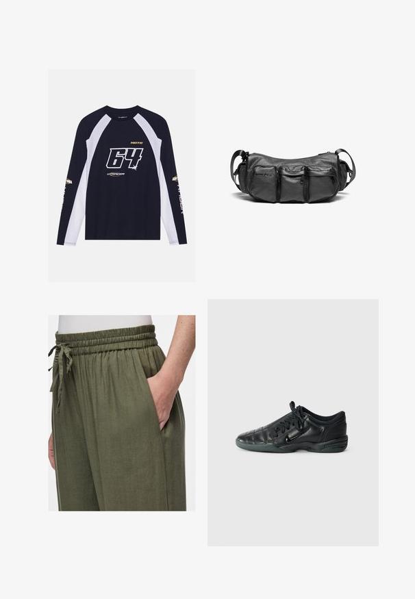 Hosszú ujjú póló, sötétkék alappal, fehér raglán ujjal, merész fekete-fehér "64" grafikával, arany részletekkel és logóval.; Olíva zöld, könnyű vászon nadrág rugalmas derékkal és húzózsinórral. Oldalán zseb található, és laza fazonú.; Fekete bőr sportcipő steppelt mintával, kerek orral, fűzős elülső résszel és gumitalppal. Diszkrét márkajelzéssel az oldalon.; Fekete bőr keresztpántos táska texturált felülettel. Három külső zsebbel és állítható pánttal rendelkezik. Kompakt, kerek alakú.