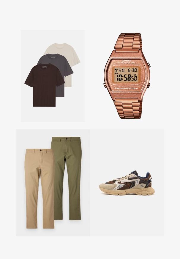 YOURTURN UNISEX 3 PACK ciemnobrązowy; Jasnobrązowa, długosleeve koszula z guzikami i kołnierzykiem, wykonana z teksturowanej tkaniny. Posiada małe logo na klatce piersiowej.; Spodnie bawełniane w kolorze brązowym i oliwkowym, prosty krój, z szlufkami na pasek, zamek błyskawiczny i guzik w zamknięciu, o gładkiej fakturze.; Beżowe i brązowe sneakersy z teksturowanymi panelami z siateczki, zamszowymi akcentami i gumową podeszwą. Posiadają sznurowane zapięcie oraz detale marki.; Cyfrowy zegarek Casio z różowo-złotą metalową bransoletą, prostokątną kopertą, podświetlanym wyświetlaczem i wodoodpornością, pokazujący czas i datę.
