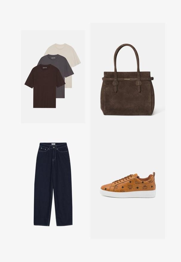 YOURTURN UNISEX 3 PACK BASIC OVERSIZED T-SHIRT - T-shirt basic - dark brown/off-white/dark grey; Donkerblauwe denim wijde broek met contrasterende stiksels, voorzakken en een knoopsluiting. Strakke, rechte snit zonder versieringen.; Bruine leren sneakers met een reliëf MCM-logo, een diamantpatroon, een witte rubberen zool en contrasterende bruine veters.; Donkerbruin suède tote bag met dubbele handvatten en een horizontale strap met een klein gouden DSQUARED2 logo plaatje.