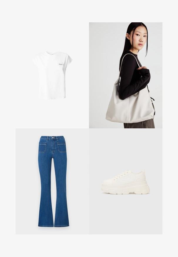 Valkoinen puuvillapaita lyhyillä hihoilla, pyöreällä kaula-aukolla ja vasemmassa rinnassa pieni painettu kuvio, jossa on tähtiä ja tekstiä.; Siniset leveälahkeiset farkut, joissa on korkea vyötärö, valmistettu denimistä. Sisältää kaksi takataskua ja metallinapit edessä. Siisti, minimalistinen muotoilu.; Valkoinen kangaskenkä paksulla pohjalla, pyöreällä kärjellä ja viidellä nauhakuutiolla. Takareunan vipu helpottaa pukemista. Sileä pinta, minimalistinen muotoilu.; Beige laukku, joka on valmistettu pehmeästä materiaalista, ja siinä on rento muotoilu, ommeltu yksityiskohtia ja kaksi olkahihnaa. Sopii päivittäiseen käyttöön.