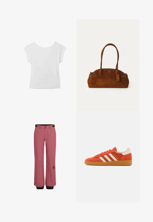 Valkoinen lyhythihainen paita, jossa on pyöreä pääntie ja rento malli. Valmistettu sileästä kankaasta, jossa on hienovarainen rakenne ja siistit linjat.; Punaiset lumihousut, joissa on teksturoitu pinta, mustat elastiset hihnat nilkoissa, etutaskut ja bränditagi vasemmassa alakulmassa.; Oranssi mokkanahkainen lenkkitossu, jossa on valkoisia nahkaisia yksityiskohtia, kolme valkoista raidallista sisustusta ja kuminen pohja. "Spezial" logo kengän kielessä.; Ruskea mokkanahkainen käsilaukku, jossa on kaksi pyöreää kahvaa, kultaiset yksityiskohdat, pieni merkki ja sileä vetoketjusuljin. Tämä laukku sisältää hienovaraisia ommeltuja yksityiskohtia.; Neliömäinen Cluse-kello, jossa on valkoinen taulu, kultaiset ja hopeiset yksityiskohdat sekä bi-metalliranneke, jossa on vuorotellen kultaisia ja hopeisia linkkejä.