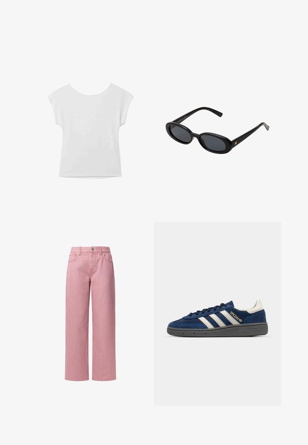 Valkoinen lyhythihainen paita, jossa on pyöreä pääntie ja rento malli. Valmistettu sileästä kankaasta, jossa on hienovarainen rakenne ja siistit linjat.; Punat leveät punavalkoiset raidalliset housut korkean vyötärön, etutaskujen, metallinappikiinnityksen ja vyölenkkien kanssa. Valmistettu kevyestä kankaasta.; Laivastonsininen samettinen lenkkari valkoisilla raidoilla, kultaisella "Spezial" yksityiskohdalla, harmaalla tekstuurilla varustettu pohja, pyöristetty kärki ja vastaavat nauhat. Klassinen muotoilu.; Mustat ylisuuruiset aurinkolasit, jotka ovat soikeat linssit, sileä muovikehys ja kultaiset korostukset temppeleissä. Tummat linssit tarjoavat suojaa auringolta.