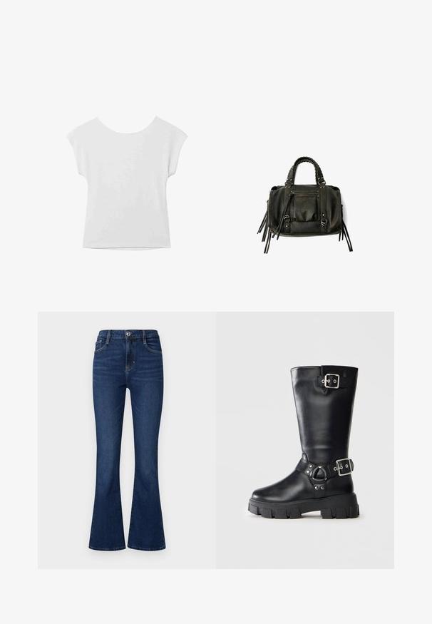 Bela kratka majica s kratkimi rokavi, okroglim izrezom in sproščenim krojem. Izdelana iz gladkega materiala, z diskretno teksturo in čistimi črtami.; Oprijete modre kavbojke z visokim pasom. Imajo sprednje zapiranje na gumb in zadrgo, pet žepov in podrobnosti šivanja.; Črne usnjene škornje do meč s debelim profiliranim podplatom, dva srebrna zaponka - en na vrhu in en okoli gležnja.; Črna usnjena torba s pletenimi ročaji, žepom na zadrgo in visečimi resicami. Teksturična površina z kovinskimi okrasnimi studenčki in dodatki iz kovine.; Srebrne uhane z gladko, kapljično obliko in poliranim finishem. Nežna graviranja dodajajo detajle. Minimalističen dizajn.