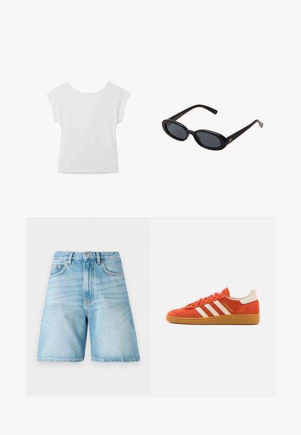 Bela kratka majica s kratkimi rokavi, okroglim izrezom in sproščenim krojem. Izdelana iz gladkega materiala, z diskretno teksturo in čistimi črtami.; Svetlo modri denim kratki hlače z udobnim krojem, ki vključujejo pet žepov, zanke za pas in zbledel videz. Rob je raven in šivani.; Oranžni semiš tenisači z belimi usnjenimi detajli, z značilnimi tremi belimi črtami in gumijastim podplatom. "Spezial" logotip na jeziku.; Črne oversize sončne očala z ovalnimi lečami, gladkim plastičnim okvirjem in zlatenimi detajli na templjih. Temne leče zagotavljajo zaščito pred soncem.; Rjava semiš torbica z dvema zaobljenima ročkama, zlatim okovi, majhno oznako in gladkim zadrgo za zapiranje. Ima subtilne šive.; Kvadratna ura Cluse z belo številčnico, zlatimi in srebrnimi poudarki ter bi-metalnim paščkom, ki vsebuje izmenične zlate in srebrne povezave.