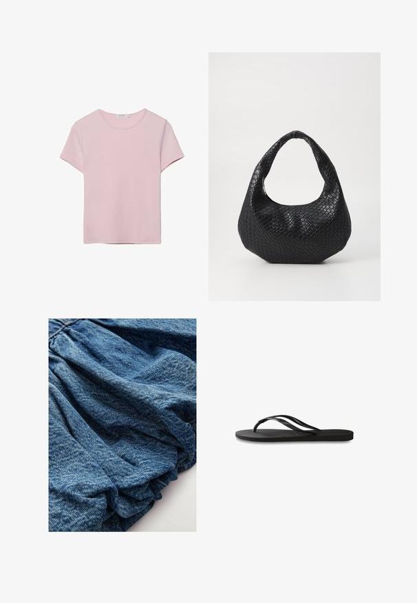 Korte mouwen, ronde hals t-shirt in zachte, lichtroze stof. Klassieke pasvorm met een gladde textuur en zonder zichtbare patronen of accenten.; Denim stof in een diepe blauwe tint, met een gekreukte textuur die zachte vouwen creëert. Glad oppervlak met subtiele kleurvariaties.; Zwarte flip-flop met een gestructureerde rubberen zool, twee slanke banden en een subtiele, ingedrukte logo-detail op de band.; Zwarte geweven handtas met een gebogen handvat, met een gestructureerd oppervlak en een slouchy vorm. Gladde afwerking met een organische silhouette.