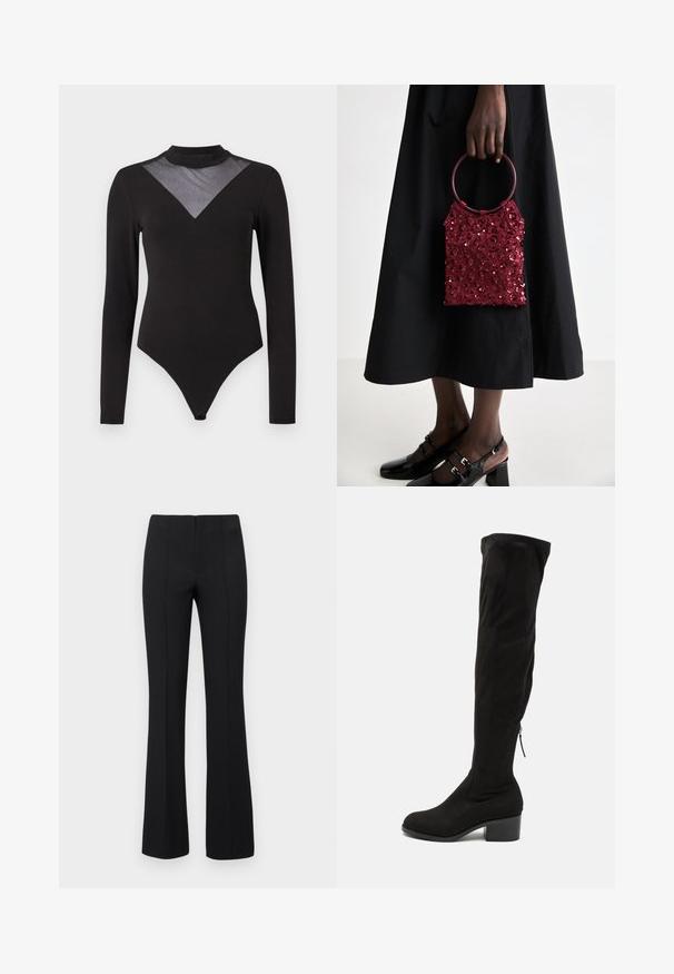 Fekete, hosszú ujjú testharisnya magas nyakkal és áttetsző hálós V-alakú panelekkel, amelyek apró csillogásokkal díszítettek a mellkason.; Fekete, bővülő szárú nadrág, bordázott textúrával és testhezálló derékkal. A dizájn függőleges varratokat tartalmaz, amelyek karcsúsított megjelenést kölcsönöznek. Nincs látható fémrész.; Fekete, térd feletti csizma puha velúrból, tömbsarkú kialakítással és oldalsó cipzárral a kényelmes felhúzás érdekében. Simább textúra.; Burgundi színű, flitteres kézi táska, kör alakú fogantyúval, téglalap alakú, és textúrált felülettel; fekete szoknyával és fényes fekete cipőkkel párosítva.