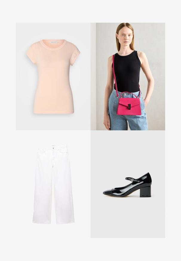 Svijetloružičasta pamučna majica s kratkim rukavima, okruglim izrezom i prilagođenim oblikom. Glatka tekstura, bez vidljivih uzoraka ili ukrasa.; Bijele široke traperice izrađene od denima s glatkom teksturom. Imaju zatvaranje na dugme i patentni zatvarač s dva prednja i dva stražnja džepa.; Crna lakirana Mary Jane cipela s blok petom i remenom na kopčanje, prikazana sa strane na bijeloj pozadini.; Ružičasta strukturirana torba s preklopom i crnim akcentom na hardveru. Nosi se preko tijela s dugim remenom. Glatka tekstura.