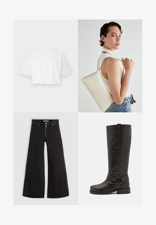 Valge lühike t-särk, lühikeste puhvärvlitega, ümmarguse kaelusega ja kogutud alumise servaga, valmistatud pehmest puuvillast kangast.; Laiad teksad mustast denimist, millel on lukuga eesmine osa, viie taskuga disain ja peened õmblusdetailid. Sile tekstuur ja juhuslik stiil.; Bronx NEW-TOUGH - Kauboi-/mootorrattasaapad - coffee bean; Valge ristkülikuline kotti, mis on valmistatud läikivast materjalist, hõbedase ahelsangaga. Mudel poseerib, tutvustades kotti ühtlase taustaga.