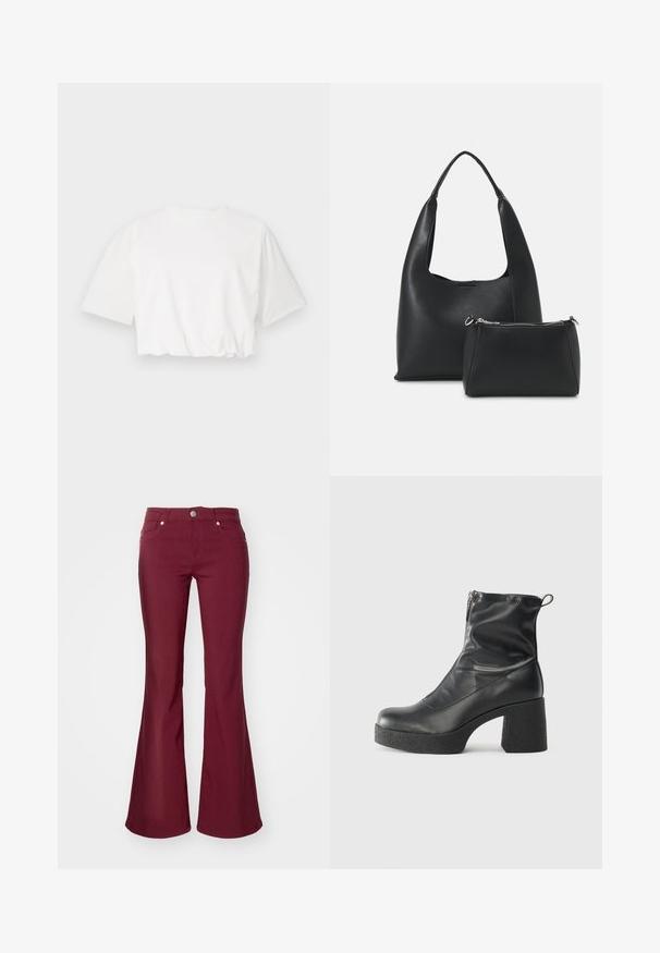 Balta trumpa marškinėlių versija su trumpomis pūstomis rankovėmis, apvali iškirptė ir susiraukšlėjęs apatinis kraštas, pagaminta iš švelnios medvilnės medžiagos.; Burgundiškai raudoni platėjančių džinsų kelnės su lygiu paviršiumi, penkiomis kišenėmis ir mygtukų užsegimu liemens. Ypatybės: prigludęs liemuo ir platūs džinsai.; Juodos kulkšninių botai, pagaminti iš lygaus odos, su šoniniu užtrauktuku, masyviu tekstūruotu kulnu ir apvaliu pirštu.; Even&Odd Rankinė - black