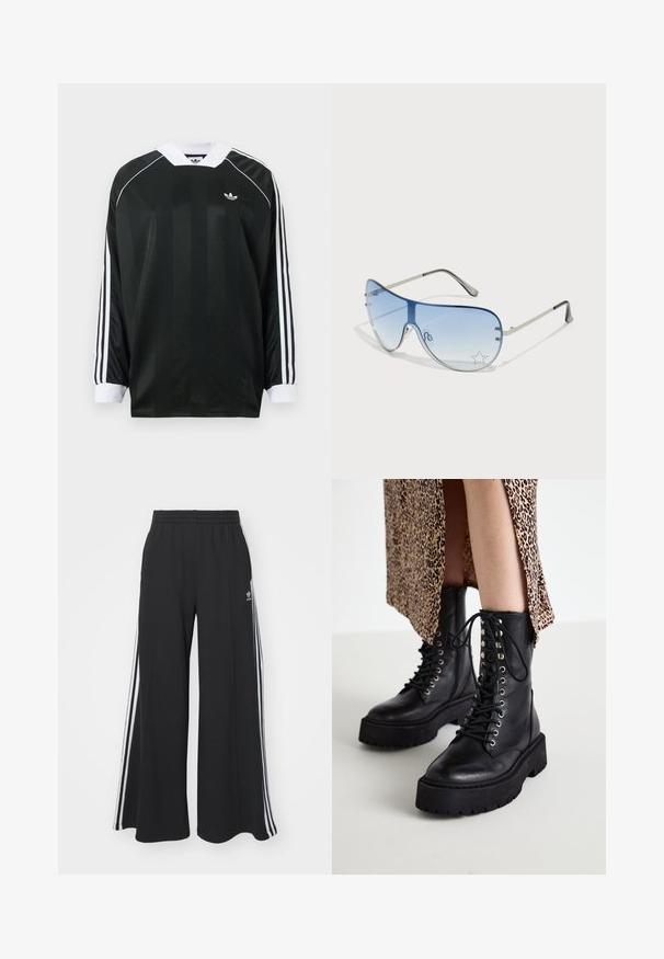 Sort langærmet skjorte med V-hals, med vertikale striber, hvide detaljer og tre hvide striber på hver ærme. Lille logo på brystet.; Sorte brede sweatpants med elastisk talje, med hvide sidelommer og et broderet logo på venstre lår.; Sorte læder kampstøvler med tykke gummisåler, snørebånd foran og metaløjer. Struktureret læder og kontrasterende platformdesign.; Aviator-solbriller med gradient blå linser, sølvmetalramme og dekorative stjerneakcenter på linserne. Glat og strømlinet design.