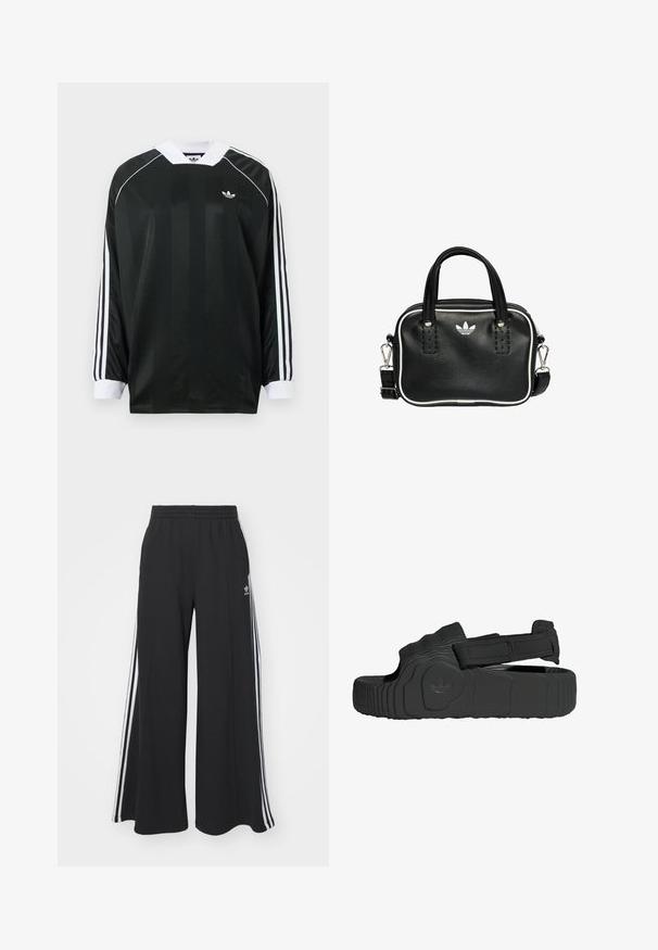 Černé tričko s dlouhým rukávem a výstřihem do V, svislé pruhy, bílé akcenty a tři bílé pruhy na každém rukávu. Malé logo na hrudi.; Černé pohodlné tepláky širokého střihu s elastickým pasem, na boční straně s bílými pruhy a vyšitým logem na levé stehně.; Černé sandály z texturované gumy s širokým páskem a nastavitelným zapínáním na suchý zip. Jsou vybaveny vzorovanou podrážkou a detailním logem značky.; Černá kožená kabelka se dvěma krátkými uchy, stříbrným kováním, bílými detaily a bílým logem. Má texturovaný povrch a kompaktní design.
