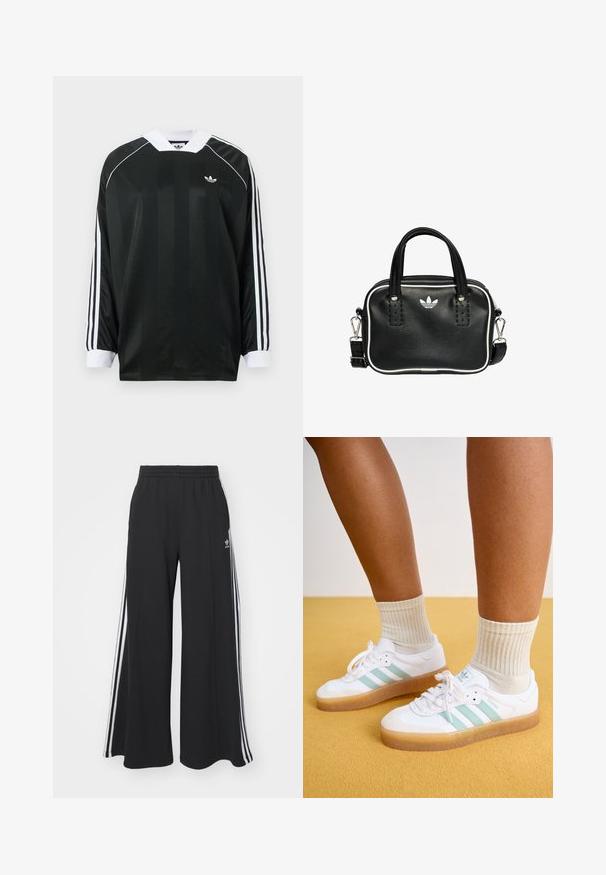 Black long-sleeve shirt with a V-neck, featuring vertical stripes, white accents, and three white stripes on each sleeve. Small logo on chest.; Black wide-leg sweatpants with an elastic waistband, featuring white side stripes and an embroidered logo on the left thigh.; White sneakers with mint green stripes, gum sole, and laces, paired with ribbed cream socks. Set against a yellow background.; Black leather handbag with two short handles, silver hardware, white accents, and a white logo. Features a textured surface and compact design.