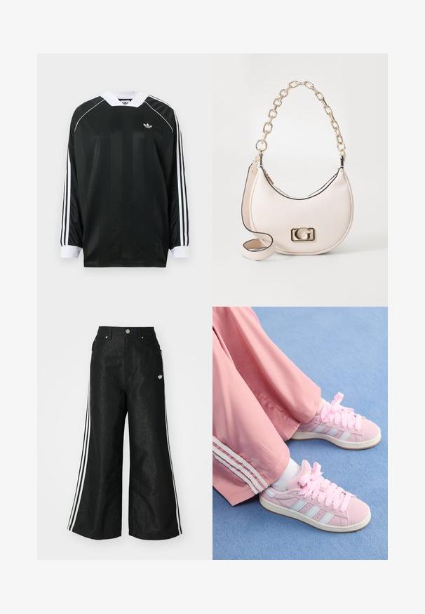 Must pika varrukaga särk V-kaelusega, millel on vertikaalsed triibud, valged aksendid ja kolm valget triipu kummagi varruka peal. Väike logo rinnal.; Mustad mustadeline denimipüksid, millel on kummalgi küljel kolm valget triipu ja väike valge logo. Omab esikotte ja nööbiga kinnihoidmist.; Roosad sportlikud kingad helesiniste triipudega, ümmargune varvas ja paks roosa pael, kombinatsioonis roosade treeningpükstega, millel on valged külgtriibud.; Roosa tekstuuriga nahast käekott, millel on kuldne ahelast rihm, ümmargune kuju ja kuldne logoaktsent ees. Omab ka täiendavat õlarihma.