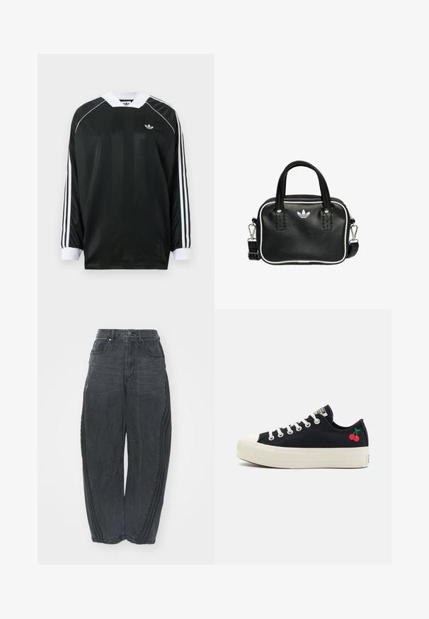 Black long-sleeve shirt with a V-neck, featuring vertical stripes, white accents, and three white stripes on each sleeve. Small logo on chest.; Baggy black denim jeans with a faded finish, five pockets, a waist button closure, and stitched detailing on the front and sides.; Canvas sneaker with a navy blue upper, white rubber sole, and black accents. Features red embroidered cherries on the side.; Black leather handbag with two short handles, silver hardware, white accents, and a white logo. Features a textured surface and compact design.