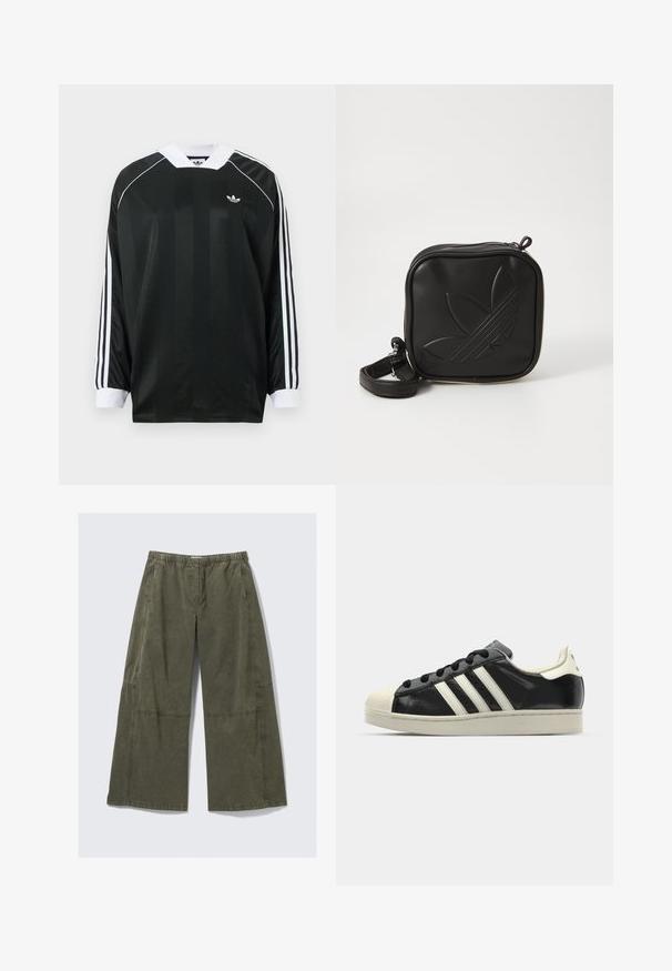 Maglia nera a maniche lunghe con scollo a V, caratterizzata da righe verticali, accenti bianchi e tre strisce bianche su ogni manica. Piccolo logo sul petto.; Pantaloni a gamba larga in tessuto verde oliva, con vita elastica, cuciture a vista e una vestibilità comoda con cuciture laterali.; Sneaker in pelle nera con strisce bianche, punta in gomma, lacci neri e suola di colore crema. Texture liscia con finitura brillante.; Borsa a tracolla nera realizzata in materiale sintetico testurizzato. Presenta un design con logo inciso e una tracolla regolabile. Chiusura con zip.
