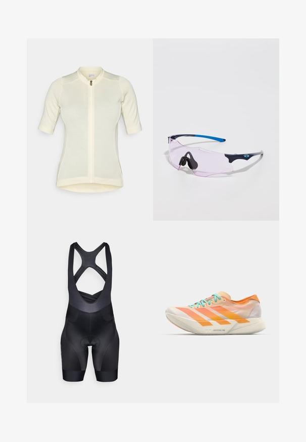 Svetlo rumena kolesarska majica s kratkimi rokavi, oprijet kroj, poln zadrga, subtilna strukturirana tkanina in okrogli ovratnik. Ime blagovne znamke spredaj.; Črne kolesarske kratke hlače z ujemajočim se krojem, teksturiranim zgornjim delom in oblazinjenim predelom za sedenje. Imajo križne naramnice in nimajo vidnih logotipov.; Tekstilni copati za tek z mešano zasnovo v barvah oranžne, breskove in bele. Imajo tri bele črte in svetlo modre vezalke.; Športne sončna očala s prosojnimi roza lečami. Imajo temno modre in svetlo sive okvirje. Nastavljivi nosni blazinici povečujejo udobje.