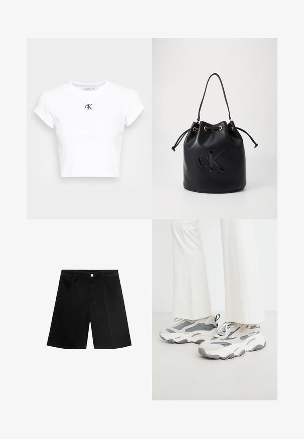 Hvid cropped t-shirt lavet af ribbet stof. Har en rund halsudskæring og korte ærmer. Sort broderet "cK" logo på brystet.; Sorte denim shorts med lige snit, fem lommer og sølvfarvet knaplukning. Glat tekstur med minimal syning.; Chunky atletiske sneakers i lysegrå, med et miks af mesh og tekstilmaterialer, mønstrede detaljer og en tyk gummisål.; Sort læder bucket bag med snørelukning, der har et glosseret "CK" logo foran og hardware accenter i guld-tone.