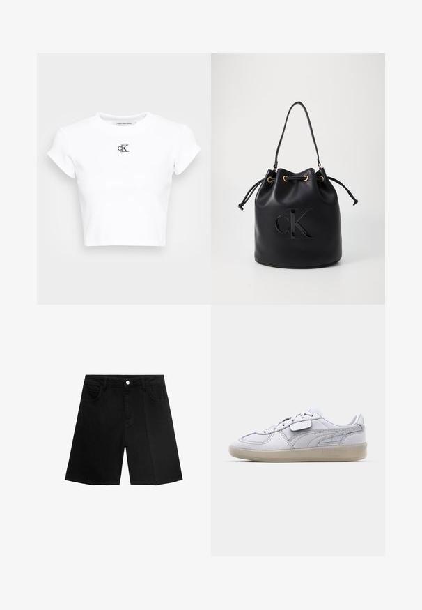 Bijela skraćena majica od rebrastog materijala. Ima okrugli izrez i kratke rukave. Crni izvezeni "cK" logo na prsima.; Crni traper šortsevi s ravnim krojem, pet džepova i zatvaranjem na srebrni gumb. Glatka tekstura s minimalnim detaljima šavova.; Bijela kožna tenisica s nijansama sive, vezanje na vezice i teksturirani gumeni potplat. Ima istaknuti logo sa strane.; Crna kožna torba u obliku kante s zatvaranjem na vezicu, koja na prednjoj strani ima sjajni "CK" logo i zlatne metalne detalje.